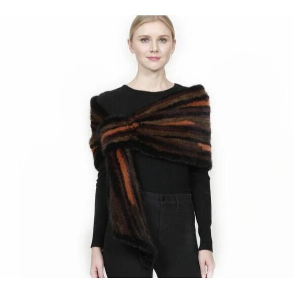 Belle Fare Salo Genuine Mink Fur Knit Pull Thru Scarf  Brown‎ Purple Gold 60" - Picture 9 of 10